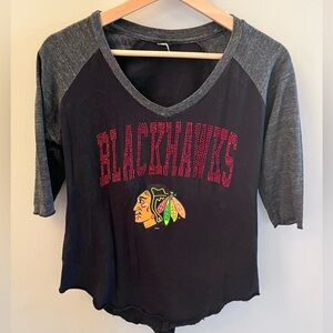 Chicago Blackhawks Women's 3/4 Sleeve Tee – Ruby Red Rhinestone Logo – NHL Fan